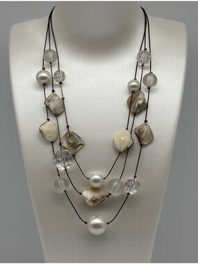 Vintage 3 Strand Floating Illusion Necklace Faux Pearl Shell Faceted Faux Quartz